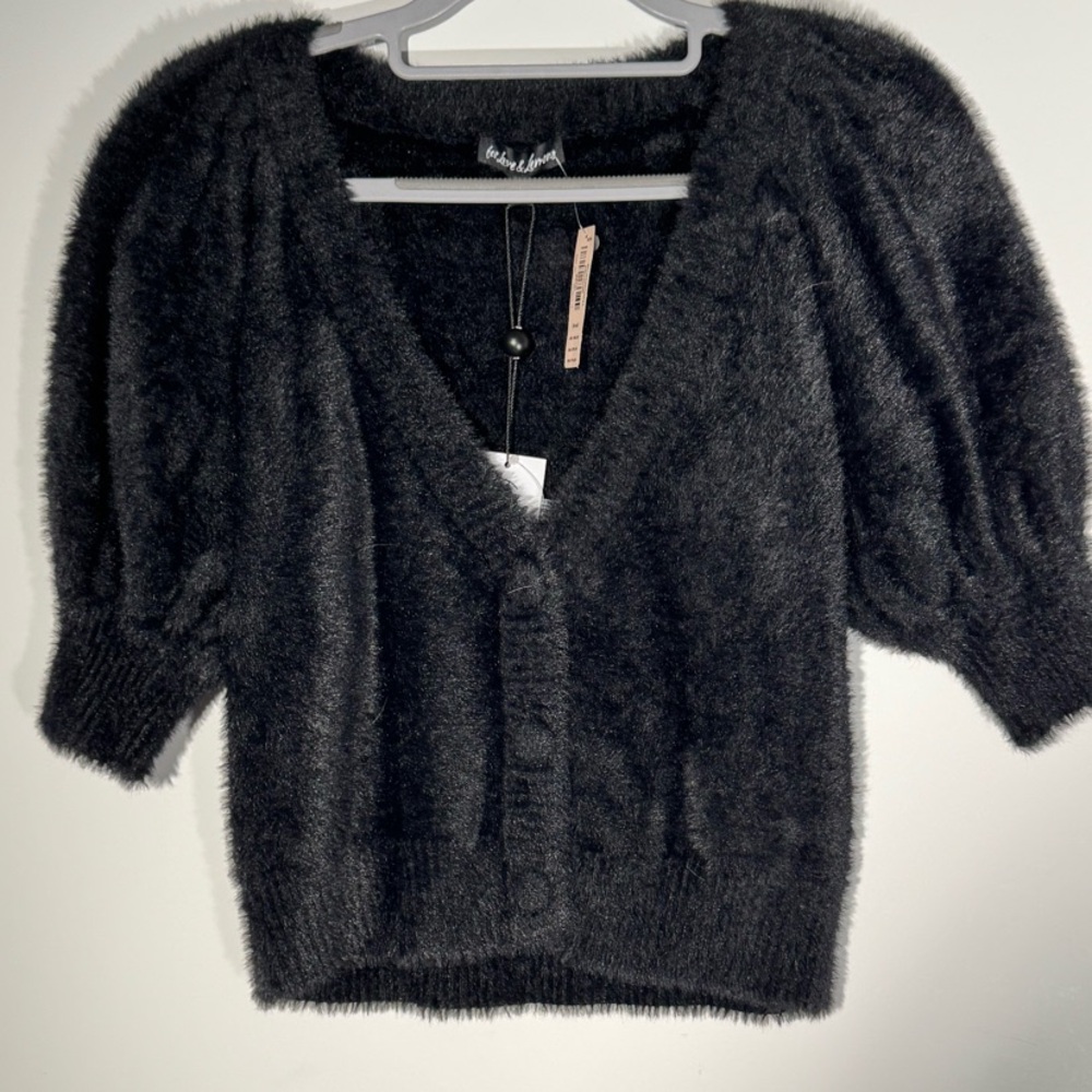 For Love And Lemons Black Cropped Cardigan with Puffed Sleeves